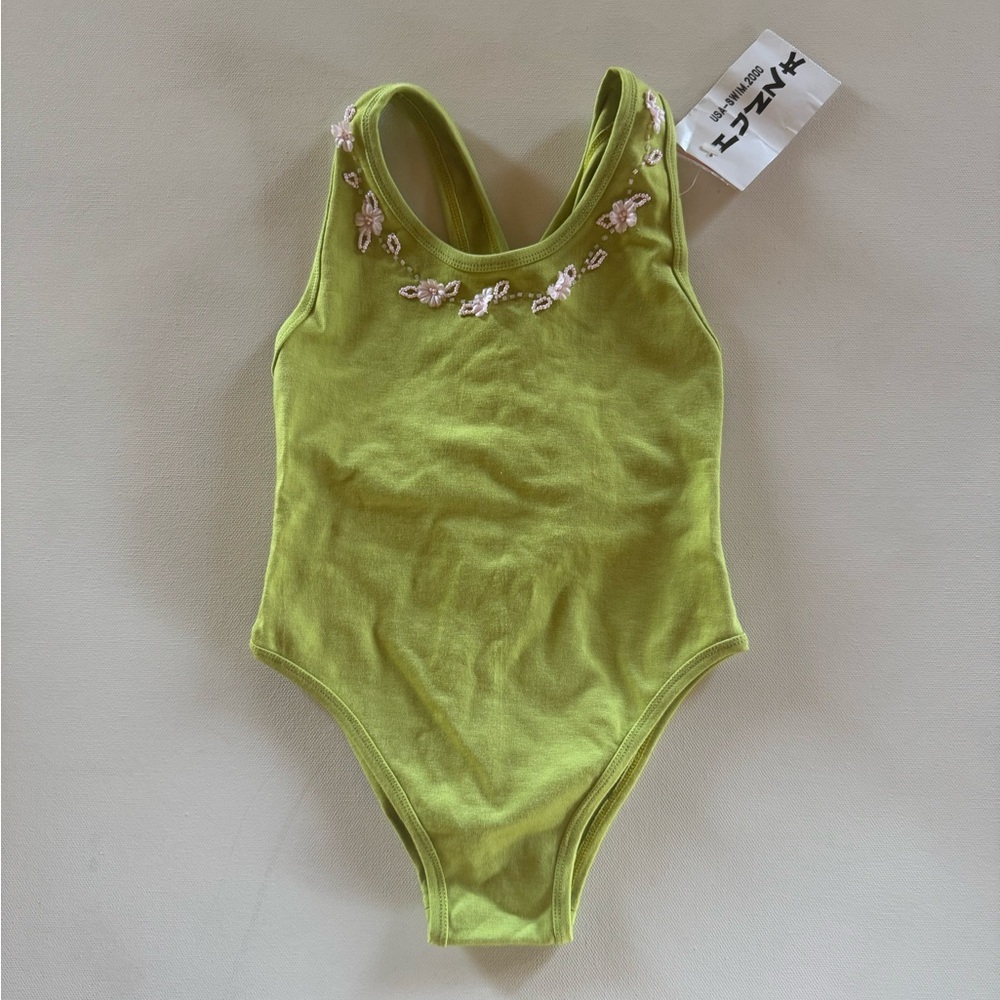Vintage Hunza G Embroidered Floral Green One Piece Swimsuit 3T NWT